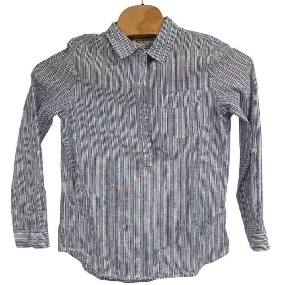 Per Se Linen Blend Striped Tunic Blouse   Long sleeve Buttons Sz M Blue White